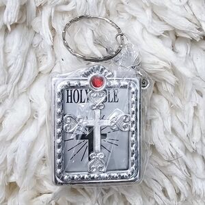 New portable Bible keychain with real pages and scriptures in silver tone